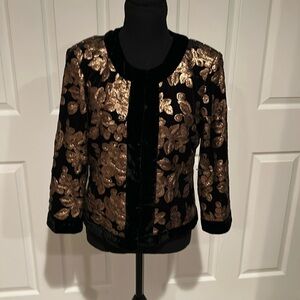 New Boston Proper black velvet gold sequins shorter evening cropped jacket 8